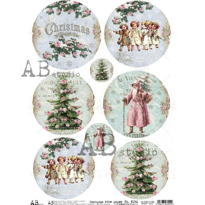 Christmas Trees and Children Medallions Decoupage Rice Paper A3 Item No. 3156 by AB Studio