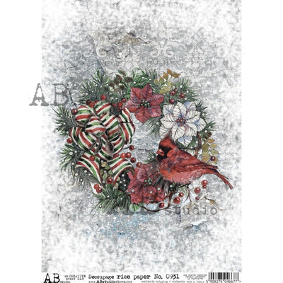 Christmas Wreath with Cardinal Decoupage Rice Paper A4 Item No. 0931 by AB Studio