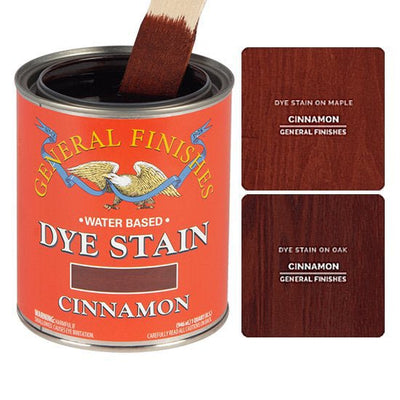 Cinnamon dye stain by General Finishes shown stained on maple wood and oak wood.