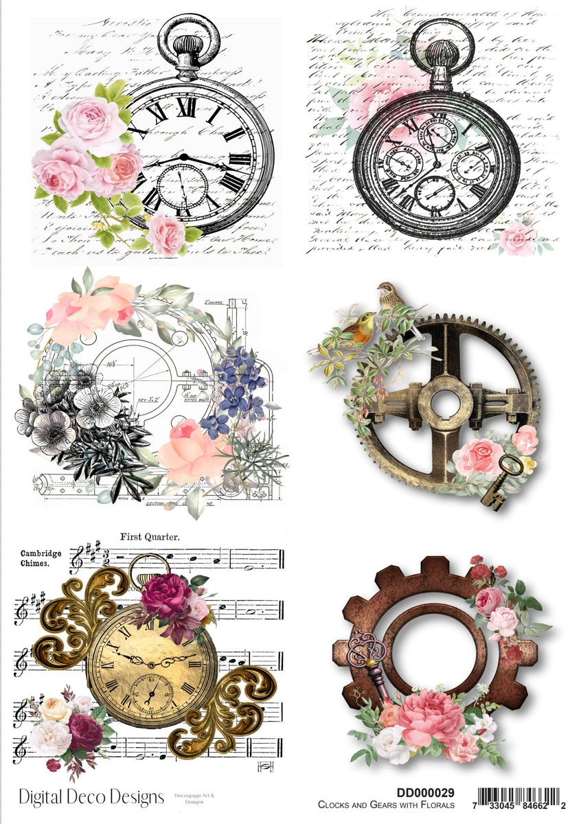 Clocks and Gears with Florals A4 Rice Paper Digital Deco Design Collec ...