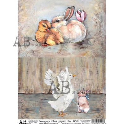 Cottontail and Duckling Relaxing Decoupage Rice Paper A4 Item No. 1250 by AB Studio