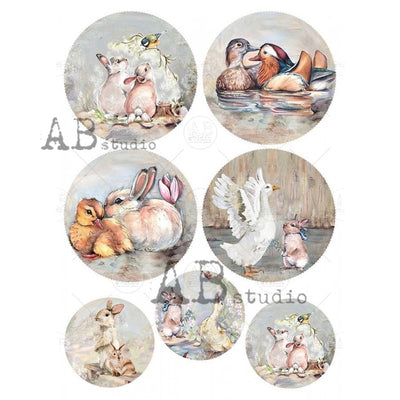 Cottontail Rabbits and Duck Medallions Decoupage Rice Paper A4 Item No. 1349 by AB Studio