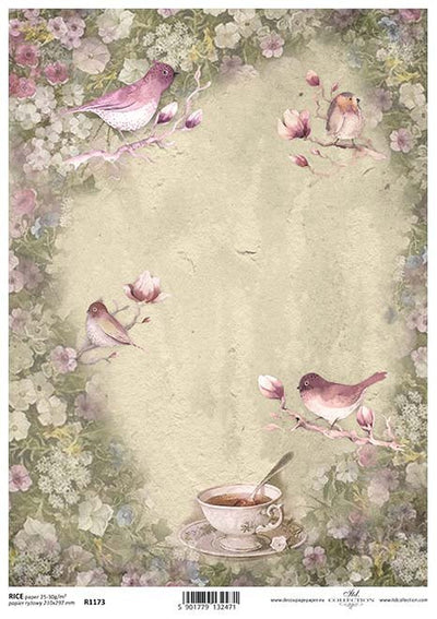 Cup of Tea with Birds Decoupage Rice Paper A4 Item R1173 by ITD Collection