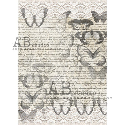 Cursive Text with Butterflies and Lace Decoupage Rice Paper A4 Item No. 0174 by AB Studio
