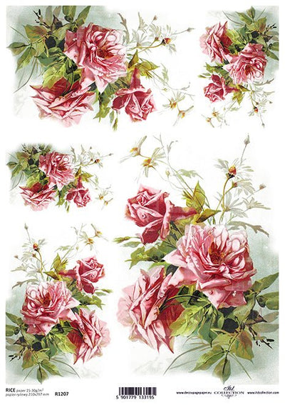 Daisies and Pink Rose Labels Decoupage Rice Paper A4 Item R1207 by ITD Collection
