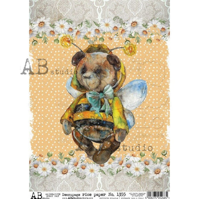 Daisy Borders with Bumble Bee Teddy Bear Decoupage Rice Paper A4 Item No. 1355 by AB Studio