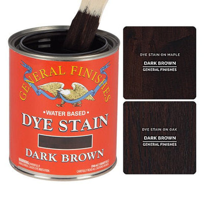 Dark Brown dye stain by General Finishes shown stained on maple wood and oak wood.