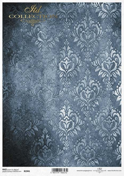 Dark Damask Blue Pattern Decoupage Rice Paper A4 Item R1941 by ITD Collection