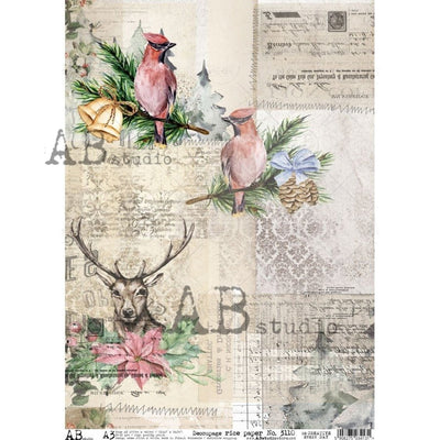 Deer and Red Birds Decoupage Rice Paper A3 Item No. 3110 by AB Studio