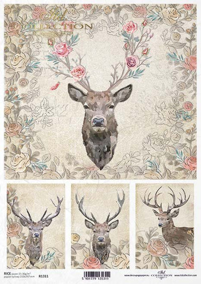 Deer Heads and Flower Cards Decoupage Rice Paper A4 Item R1311 by ITD Collection