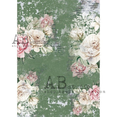 Distressed Green Wall with White and Pink Peonies Decoupage Rice Paper A4 Item No. 0524 by AB Studio