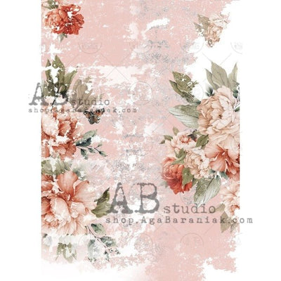 Distressed Pink Wall with Peonies Decoupage Rice Paper A4 Item No. 0684 by AB Studio