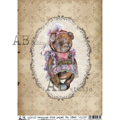 Dressed Up Teddy Bear Damask Portrait Decoupage Rice Paper A4 Item No. 1368 by AB Studio