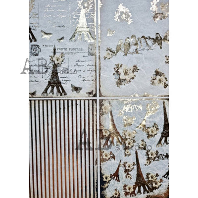 Eiffel Tower, Birds and Stripes Gilded Decoupage Rice Paper A4 Item No. 0037 by AB Studio