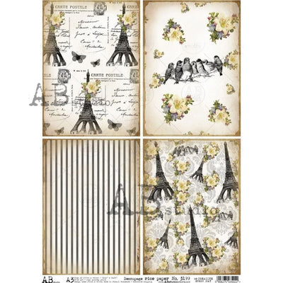 Eiffel Tower with Flowers and Birds Cards Decoupage Rice Paper A3 Item No. 3199 by AB Studio