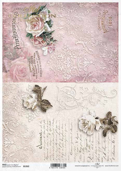 Embossed Damask and Flower Cards Decoupage Rice Paper A4 Item R1362 by ITD Collection