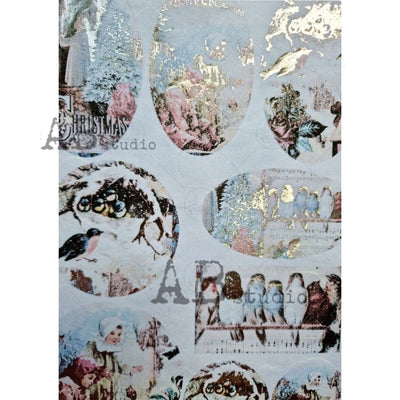 Family Christmas with Birds Medallions Gilded Decoupage Rice Paper A4 Item No. 1026 by AB Studio