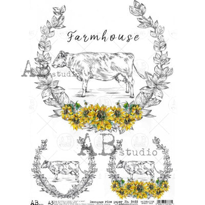 Farmhouse Cow Medallions Decoupage Rice Paper A3 Item No. 3433 by AB Studio