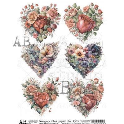 Floral Heart Medallions Decoupage Rice Paper A4 Item No. 1328 by AB Studio