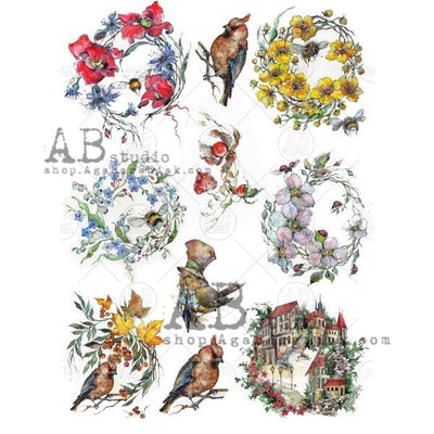 Floral Wreaths with Birds and Bees Medallions Decoupage Rice Paper A4 Item No. 0488 by AB Studio