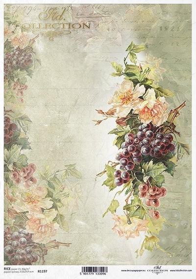 Flowers and Grapes Decoupage Rice Paper A4 Item R1197 by ITD Collection