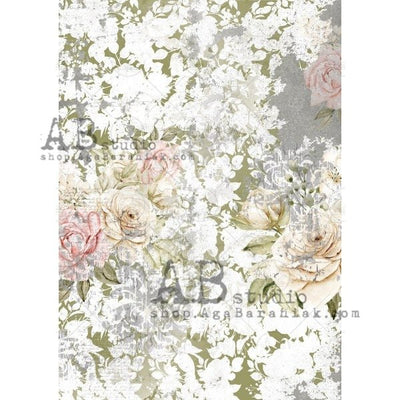 Flowers with Green and Blue Background Distressed Decoupage Rice Paper A4 Item No. 0520 by AB Studio