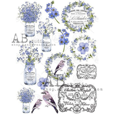Forget Me Not Blue Flowers and Birds Decoupage Rice Paper A4 Item No. 0352 by AB Studio