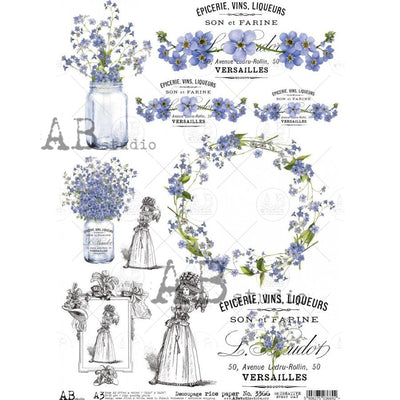 Forget Me Not Madame Decoupage Rice Paper A3 Item No. 3366 by AB Studio
