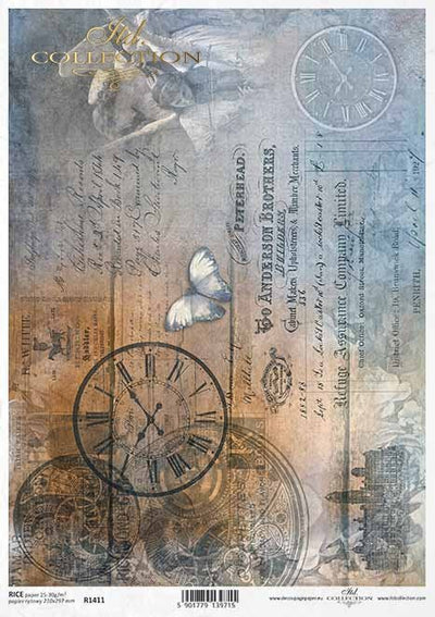 Gears and Clocks with Script and Vintage Photos Decoupage Rice Paper A4 Item R1411 by ITD Collection