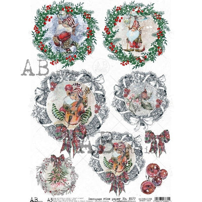 Gnome and Cardinal Wreath Medallions Decoupage Rice Paper A3 Item No. 3577 by AB Studio