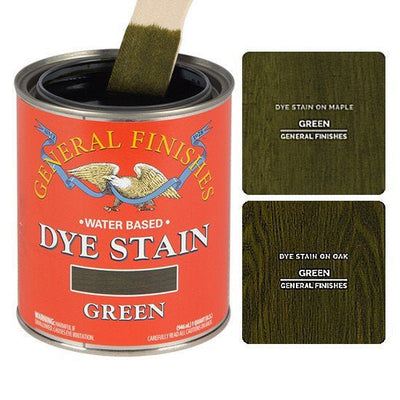 Green dye stain by General Finishes shown stained on maple wood and oak wood.