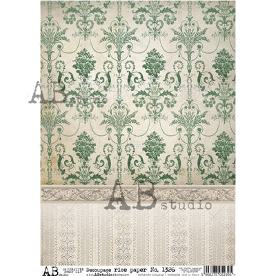 Green Floral Damask Wallpaper Decoupage Rice Paper A4 Item No. 1326 by AB Studio