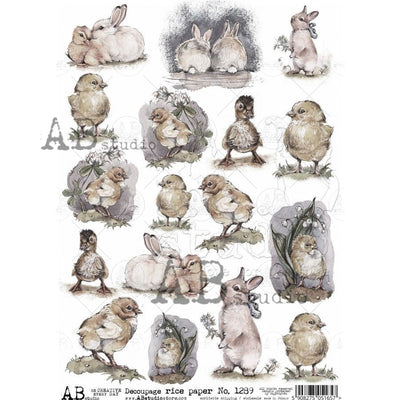 Halftone Sepia Peeps Cottontails and Ducklings Medallions Decoupage Rice Paper A4 Item No. 1289 by AB Studio