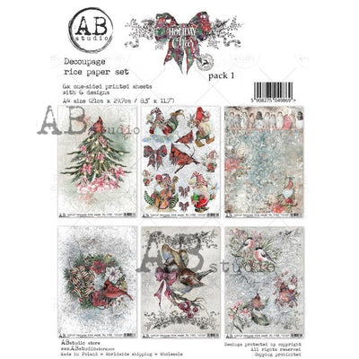 Holiday Cheer Pack 1 A4 Decoupage Rice Paper Set of 6 Papers by AB Studio
