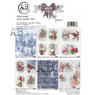 Holiday Cheer Pack 2 A4 Decoupage Rice Paper Set of 6 Papers by AB Studio