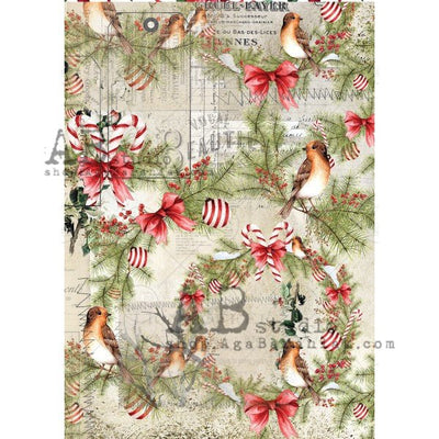 House Finches and Candy Cane Wreath Decoupage Rice Paper A4 Item No. 0312 by AB Studio