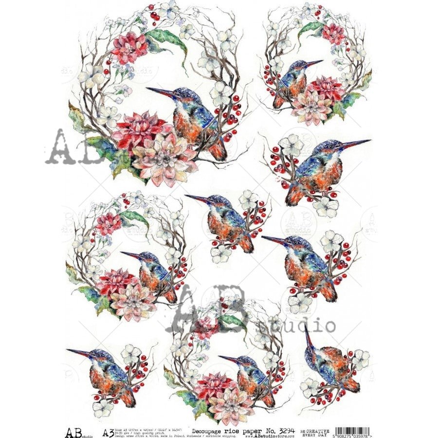Hummingbird and Berry Wreath Medallions Decoupage Rice Paper A3 Item N ...