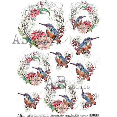 Hummingbird and Berry Wreath Medallions Decoupage Rice Paper A3 Item No. 3294 by AB Studio