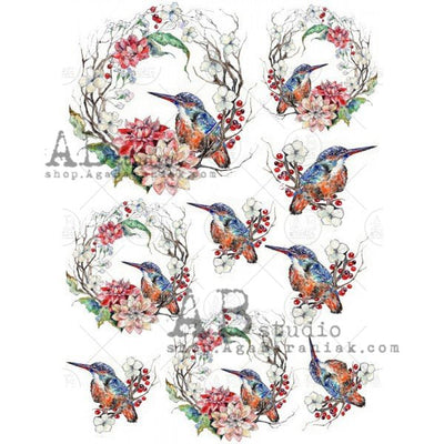 Hummingbird and Flowers Decoupage Rice Paper A4 Item No. 0234 by AB Studio