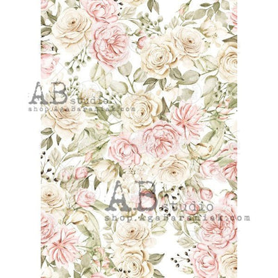 Ivory and Pink Cabbage Roses Decoupage Rice Paper A4 Item No. 0512 by AB Studio