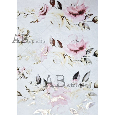 Ivory and Pink Flowers Gilded Decoupage Rice Paper A4 Item No. 0005 by AB Studio