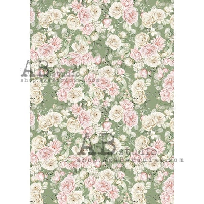 Ivory and Pink Peonies with Moss Green Background Decoupage Rice Paper A4 Item No. 0522 by AB Studio