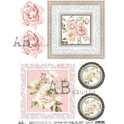 Ivory and Pink Peony Frames and Medallions Decoupage Rice Paper A3 Item No. 3237 by AB Studio