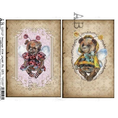 Lady Bug and Bumble Bee Teddy Bear Cards Decoupage Rice Paper A4 Item No. 1371 by AB Studio