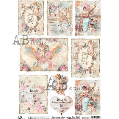 Laugh and Live Angelic Cards Decoupage Rice Paper A3 Item No. 3148 by AB Studio