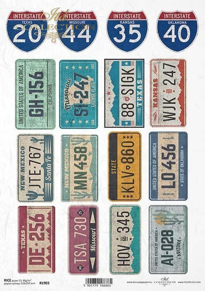 License Plates and Interstate Signs Decoupage Rice Paper A4 Item R1903 by ITD Collection