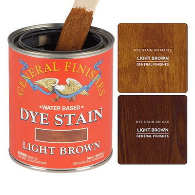 Light Brown dye stain by General Finishes shown stained on maple wood and oak wood.