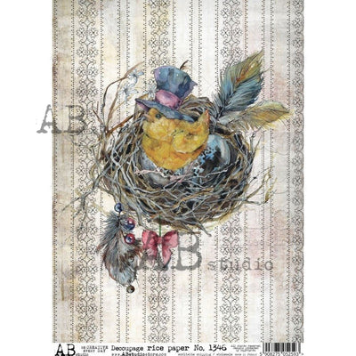 Little Birdy with Hat in a Nest Decoupage Rice Paper A4 Item No. 1346 by AB Studio