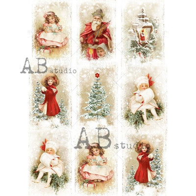 Little Girls and Saint Nick Small Labels Decoupage Rice Paper A4 Item No. 1131 by AB Studio
