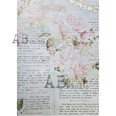 Marriage Vows and Pink Roses Gilded Decoupage Rice Paper A4 Item No. 0015 by AB Studio